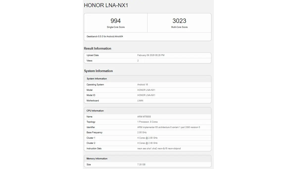 Honor 600 Lite repéré sur Geekbench avec chipset Dimensity 7100