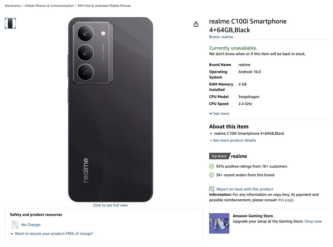 Realme C100i sur Amazon
