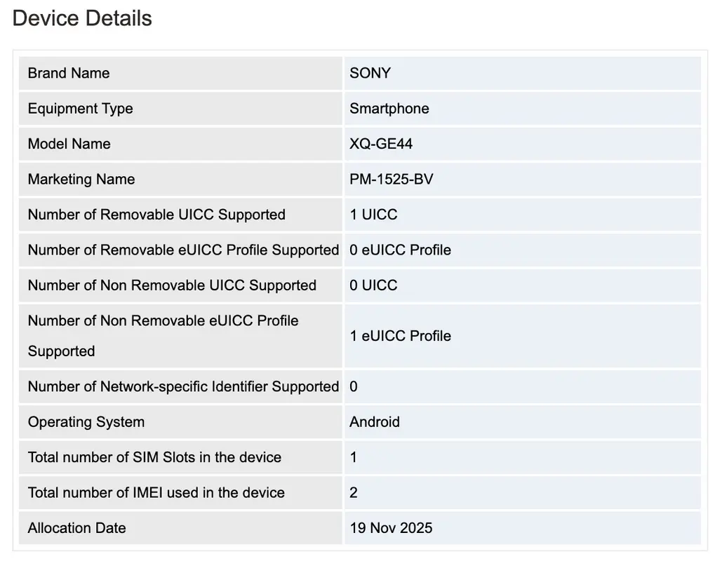 Détails d'enregistrement GSMA : Xperia 1 VIII (PM-152X-BV)